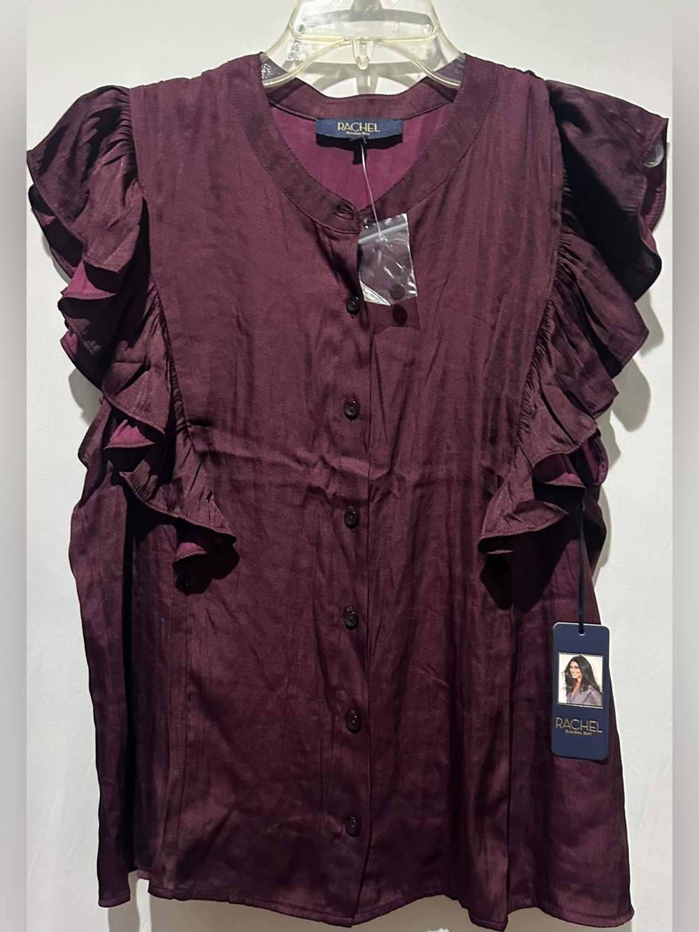 Rachel Rachel Roy Deep Plum Ruffle-Sleeve Button Front Blouse -Size L